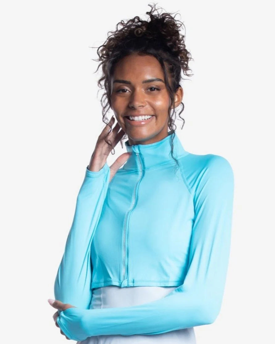 Light Turquoise Full Zip Crop Rash Guard by BloqUv