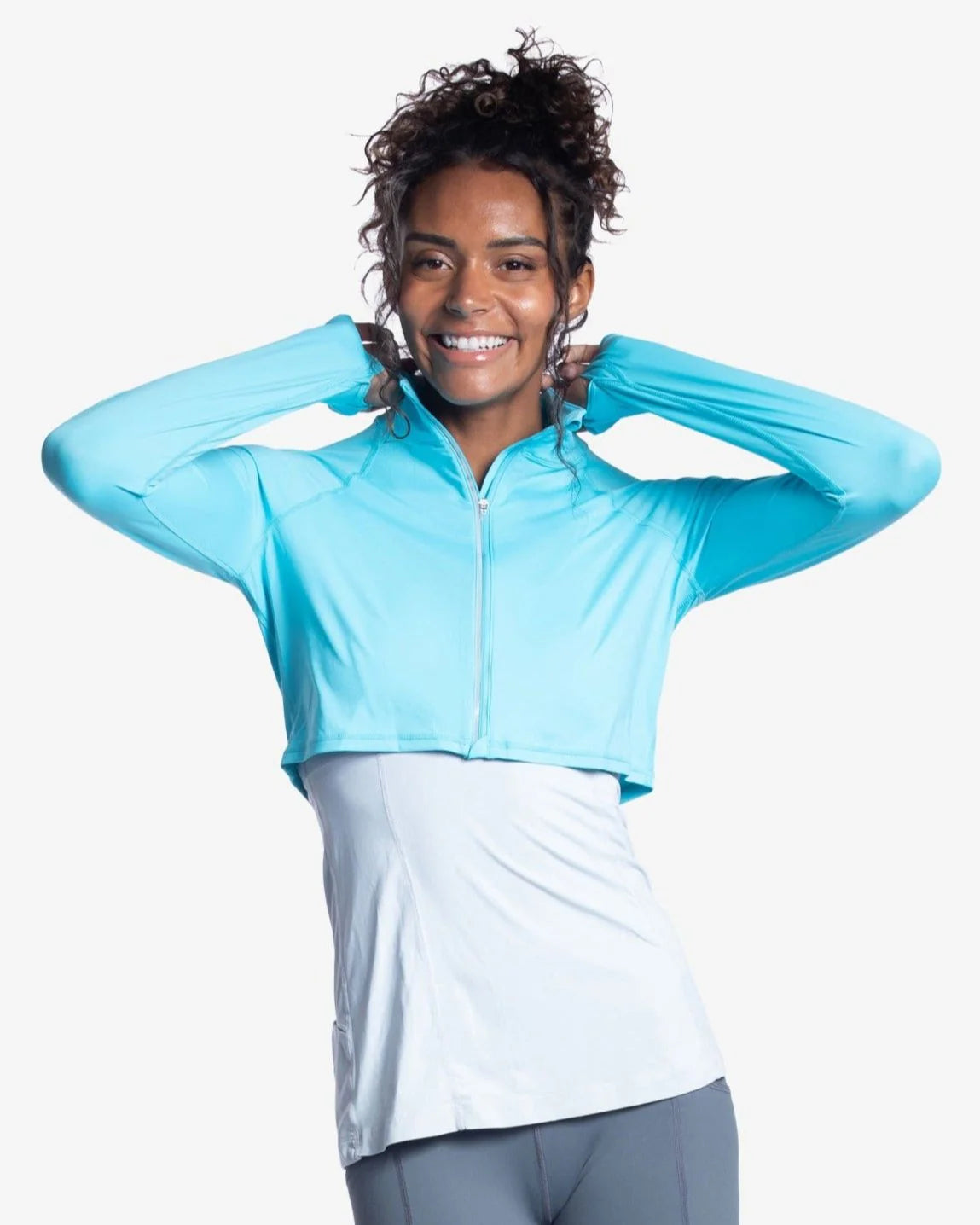 Light Turquoise Full Zip Crop Rash Guard by BloqUv