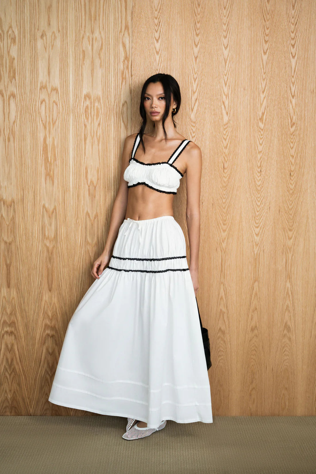 Ruched Crop Top & Tiered Midi Skirt Set by We Wore What