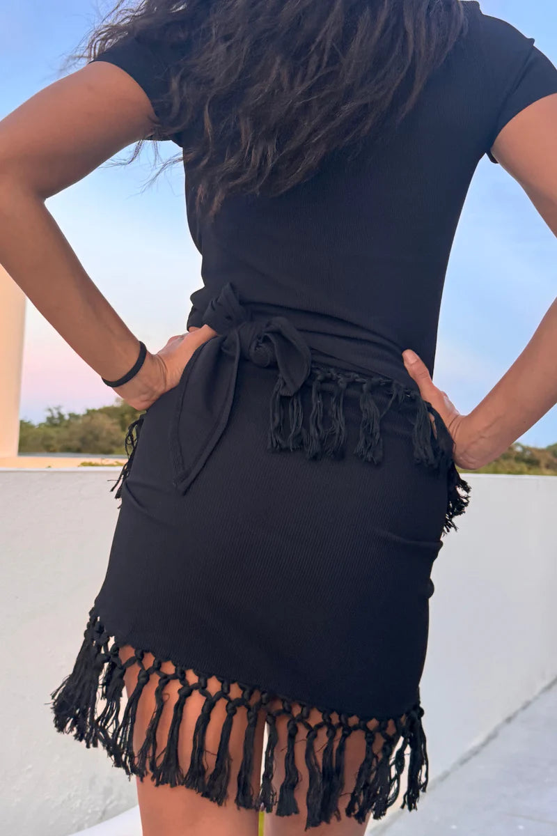 Fringe Set - Deep V Baby T & Sarong - Black by VP