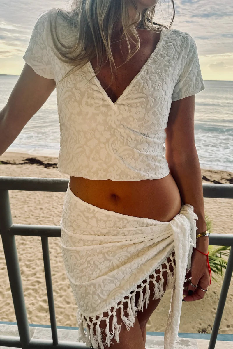 Fringe Set - Deep V Baby T & Sarong - White by VP