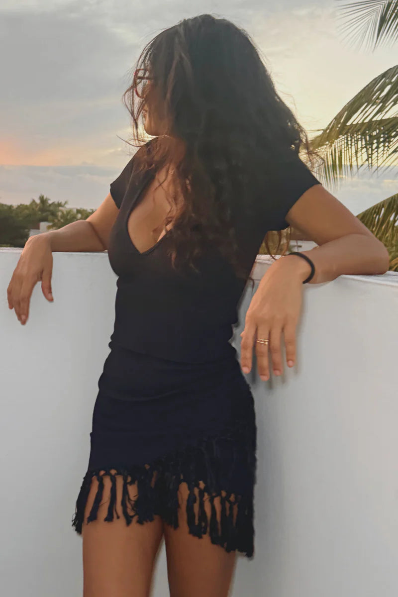 Fringe Set - Deep V Baby T & Sarong - Black by VP