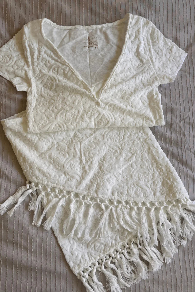 Fringe Set - Deep V Baby T & Sarong - White by VP