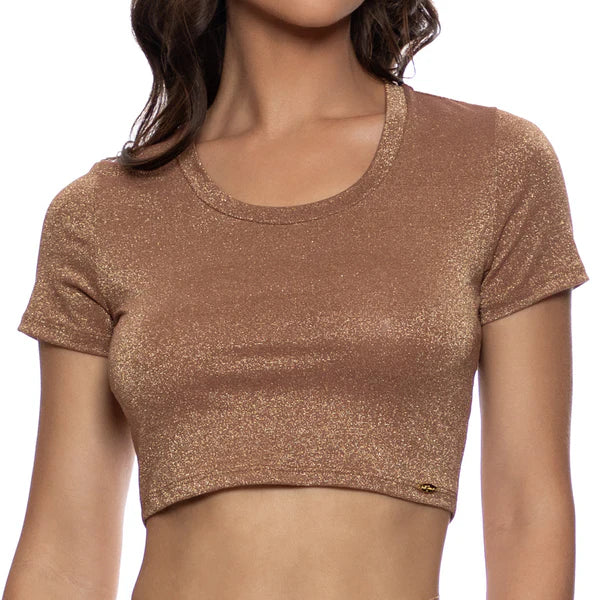 Brown glittery crop top worn by a model on a white background