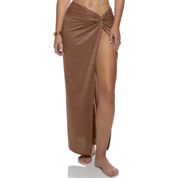 Brown metallic skirt with a high slit on a white background