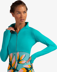 Caribbean Blue Full Zip Crop Rash Guard by BloqUv