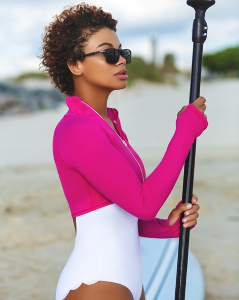 Passion Pink Full Zip Crop Rash Guard by BloqUv