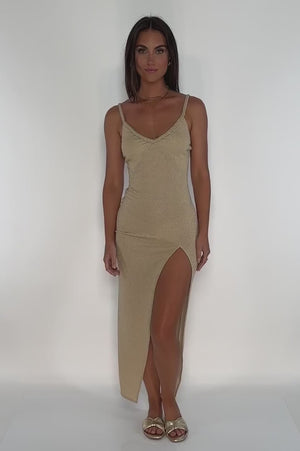 Fitted Side Slit Dress in Gold by Lulifama