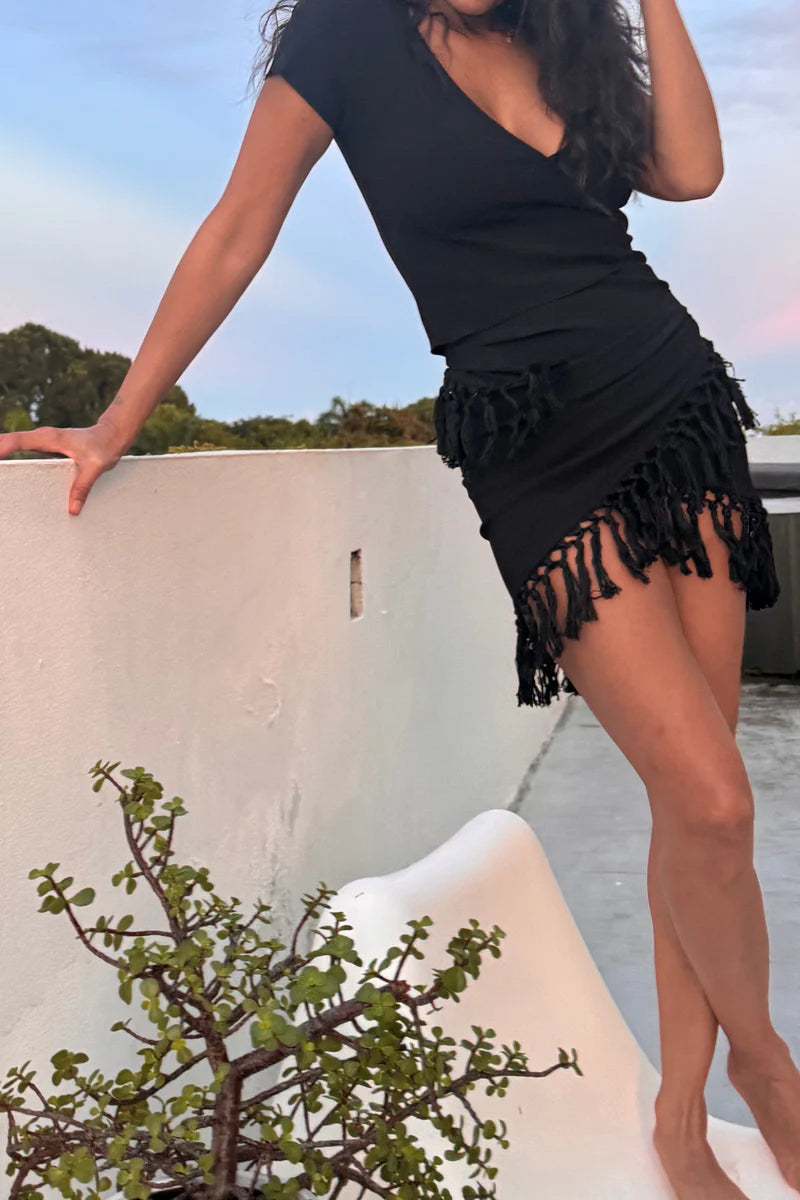 Fringe Set - Deep V Baby T & Sarong - Black by VP