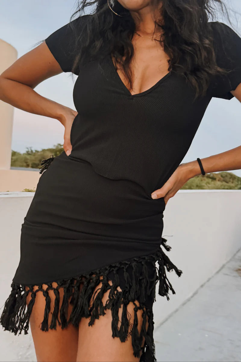 Fringe Set - Deep V Baby T & Sarong - Black by VP
