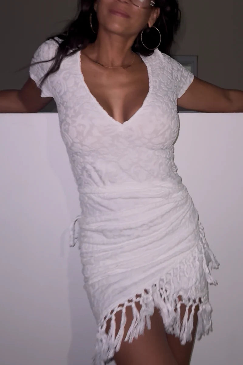 Fringe Set - Deep V Baby T & Sarong - White by VP