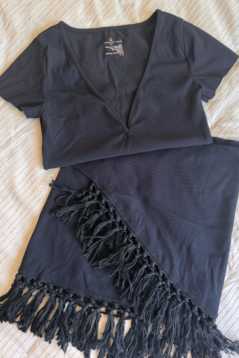Fringe Set - Deep V Baby T & Sarong - Black by VP