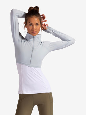 Soft Gray Zipped Crop Rash Guard by BloqUv